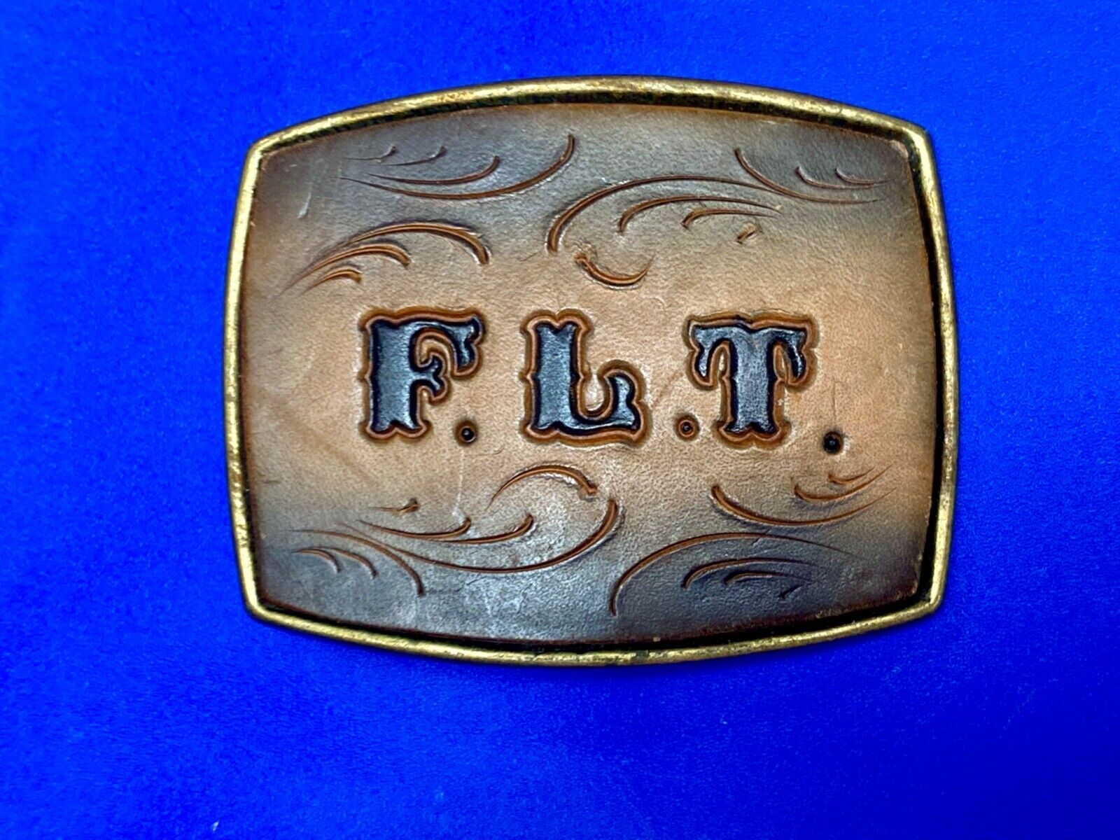 Vintage Initials Letters F. L. T.  leather and brass tone western belt buckle