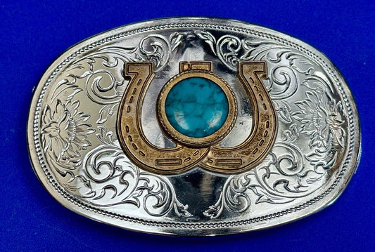 Turquoise centerpiece in  lucky horseshoe - two tone reflective belt buckle