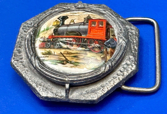 Train Steam Engine Art Picture on ceramic and pewter Vintage Belt Buckle