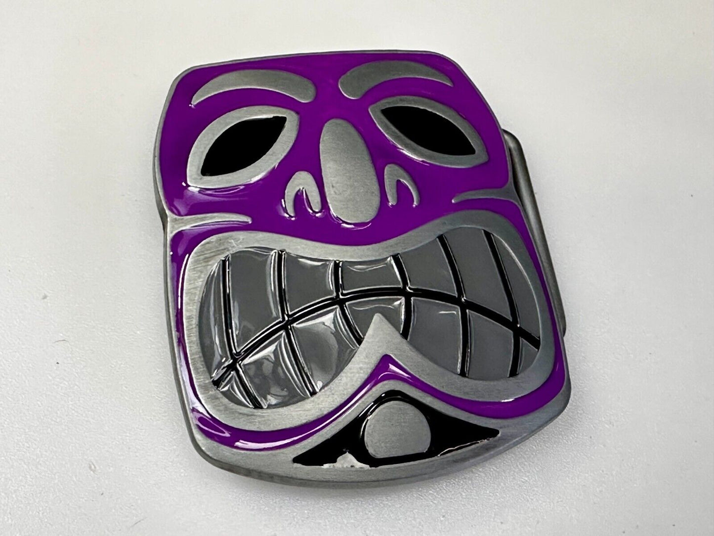 Tribal Tiki Mask Statue Animation Hawaiian Silver & Purple Color Belt Buckle