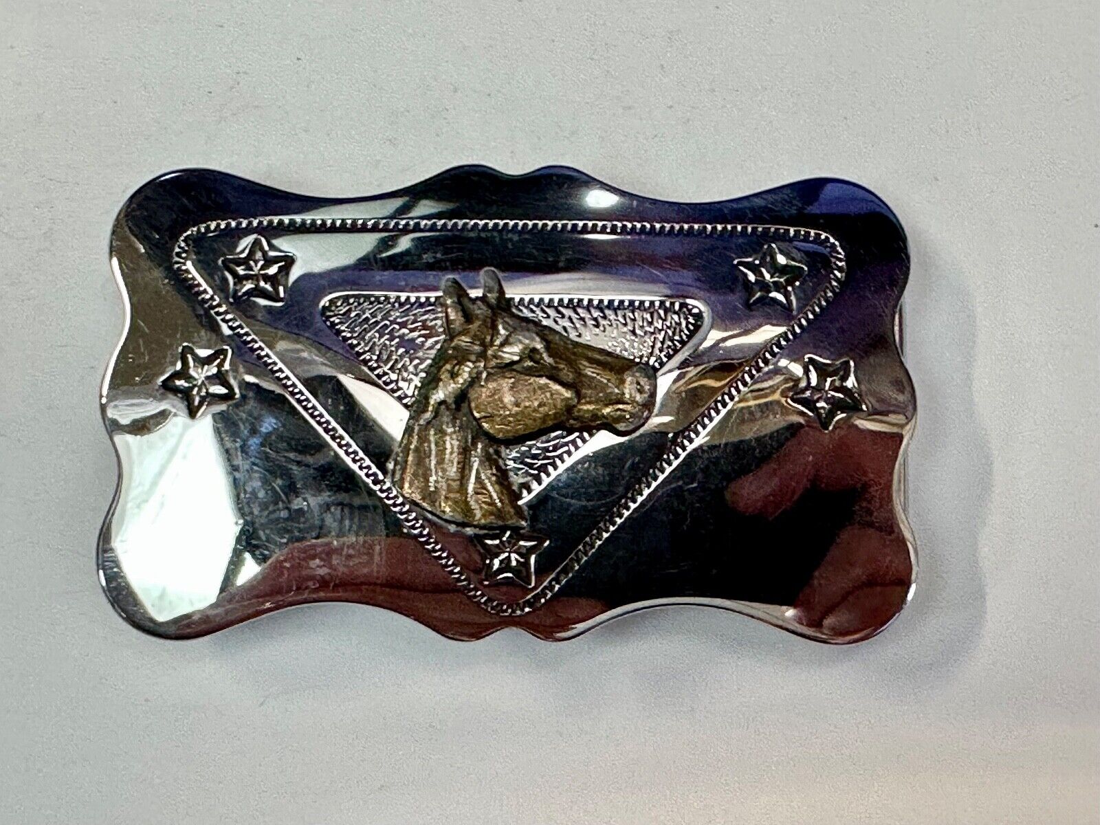vintage horse head on reflective western silver tone rectangular belt buckle