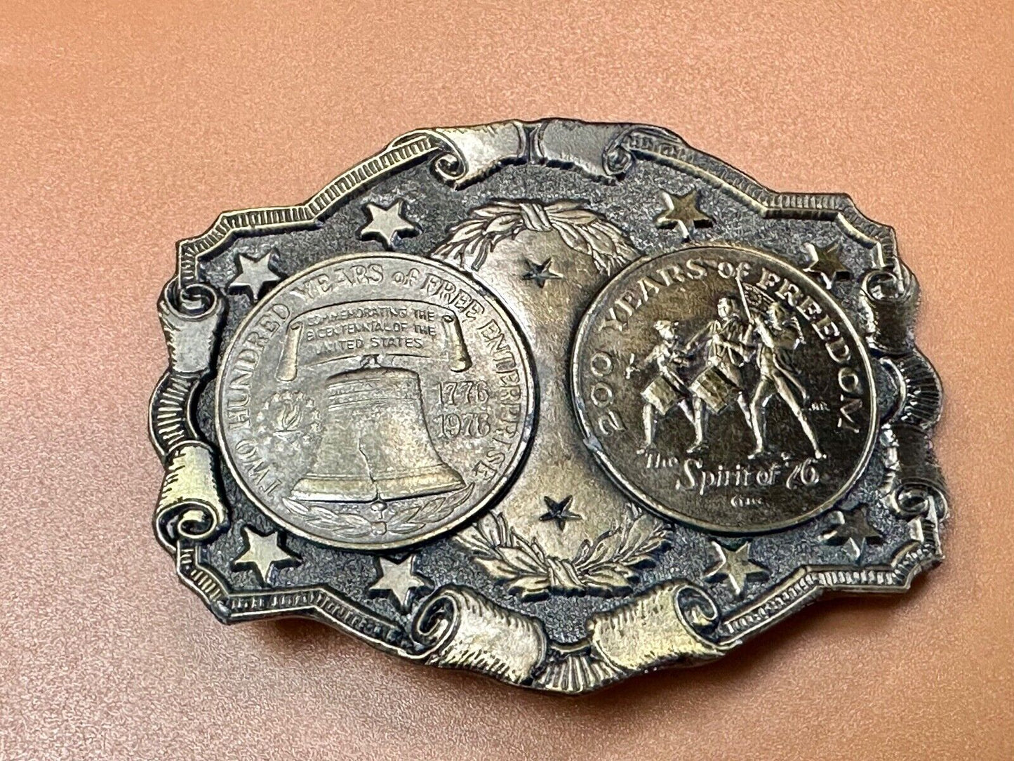 Two Coins Spirit of 76, Liberty Bell Patriotic America Vintage Lewis Belt buckle