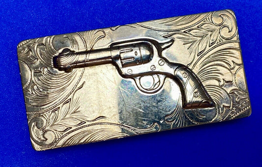 Beautiful Gun Pistol Six Shooter Rockmount flower swirl rectangular belt buckle