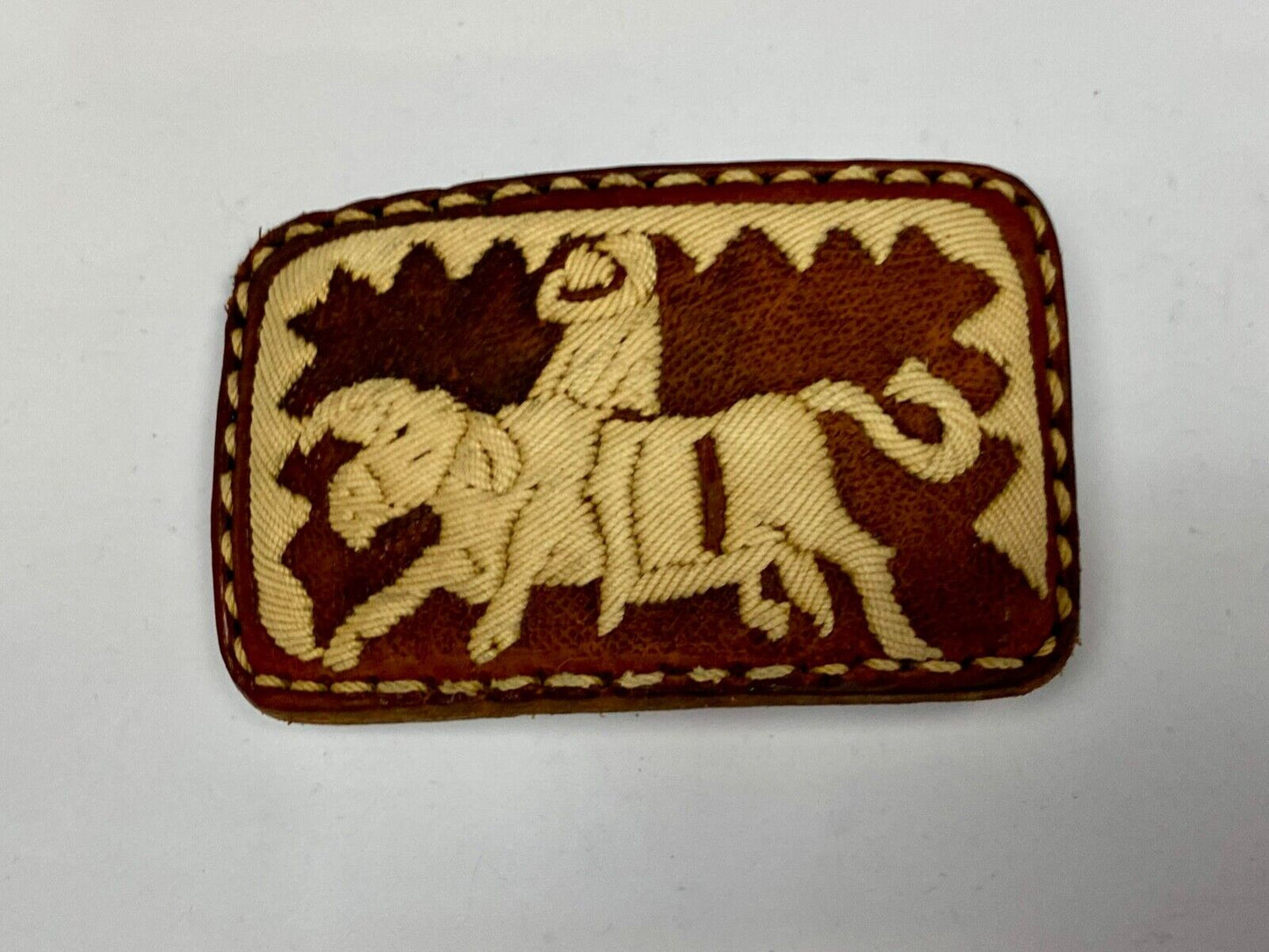 Vintage Fabric Stitched Belt Buckle  Rodeo Cowboy On Wild Bull