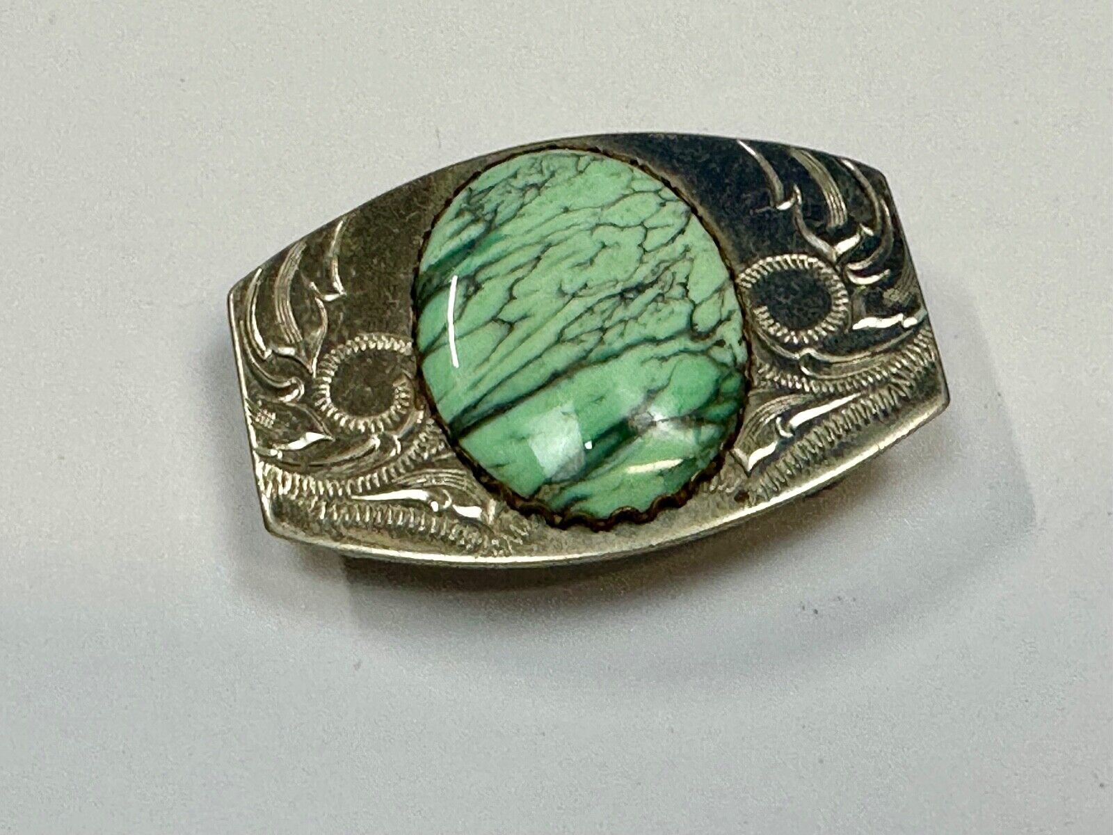 Variscite? Green  Gem Stone Cabochon Centerpiece on Nickel Silver Belt Buckle