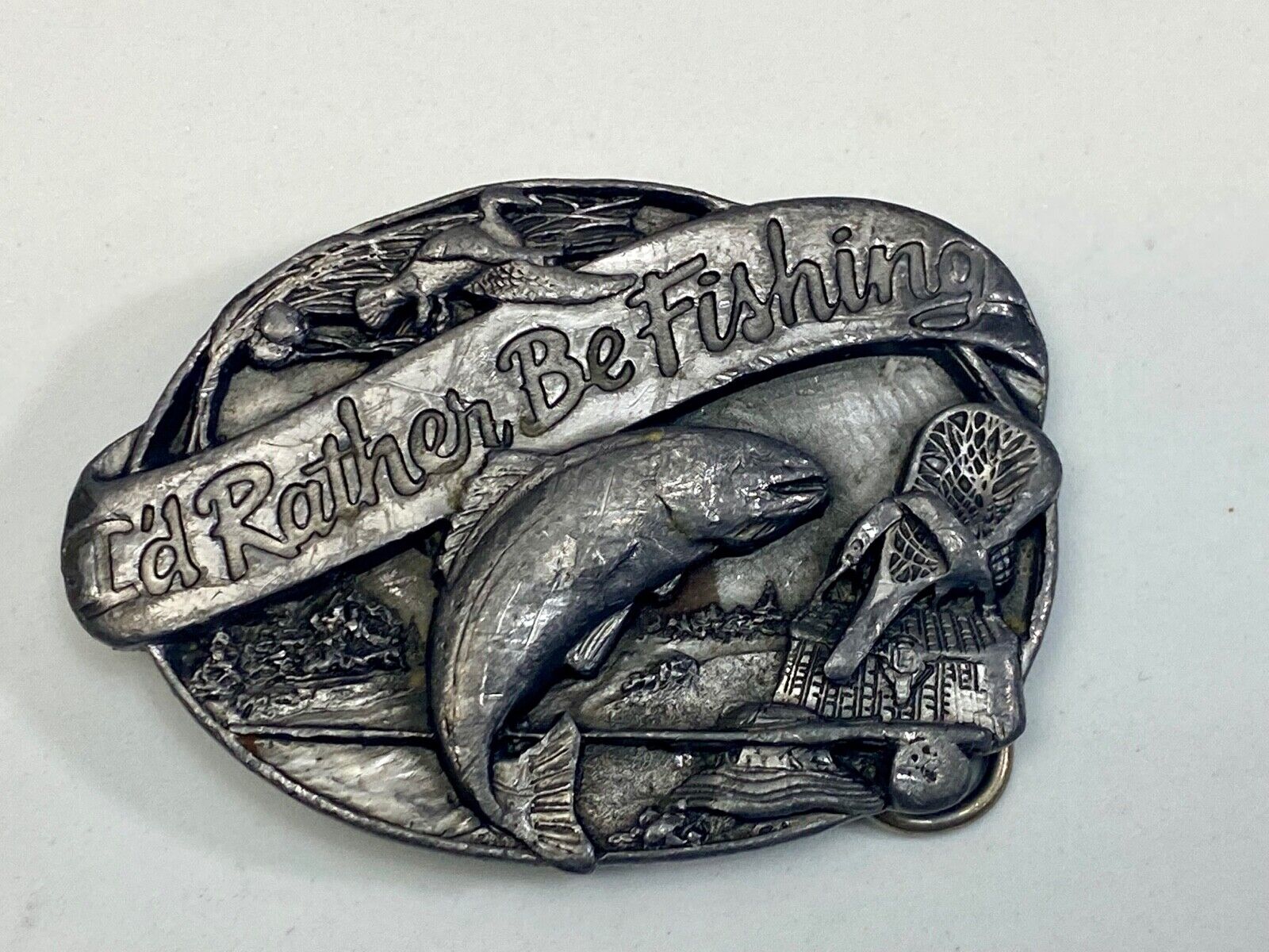 Vintage 1985 "I'd Rather Be Fishing" M-30 Pewter Belt Buckle  - Perfect Gift! 