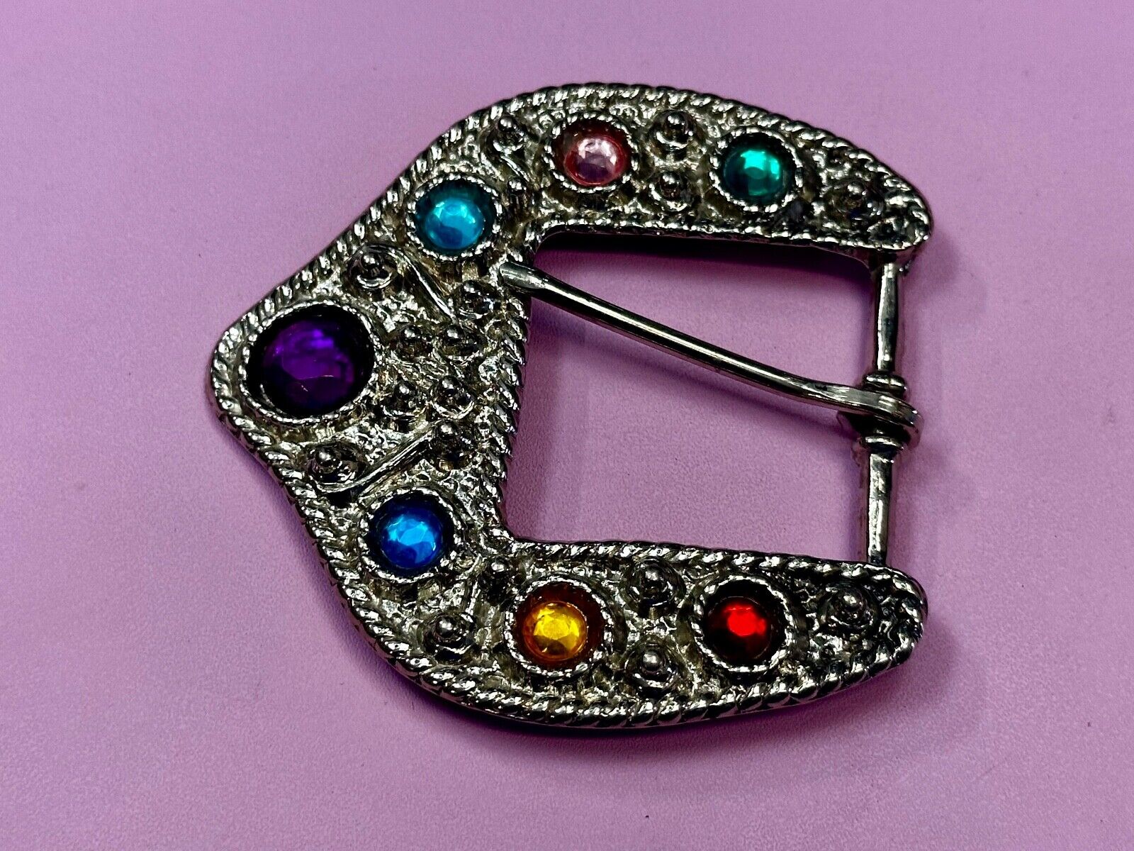 Unique Silver tone Replacement Belt Buckle w/ multi colored Rhinestone accents
