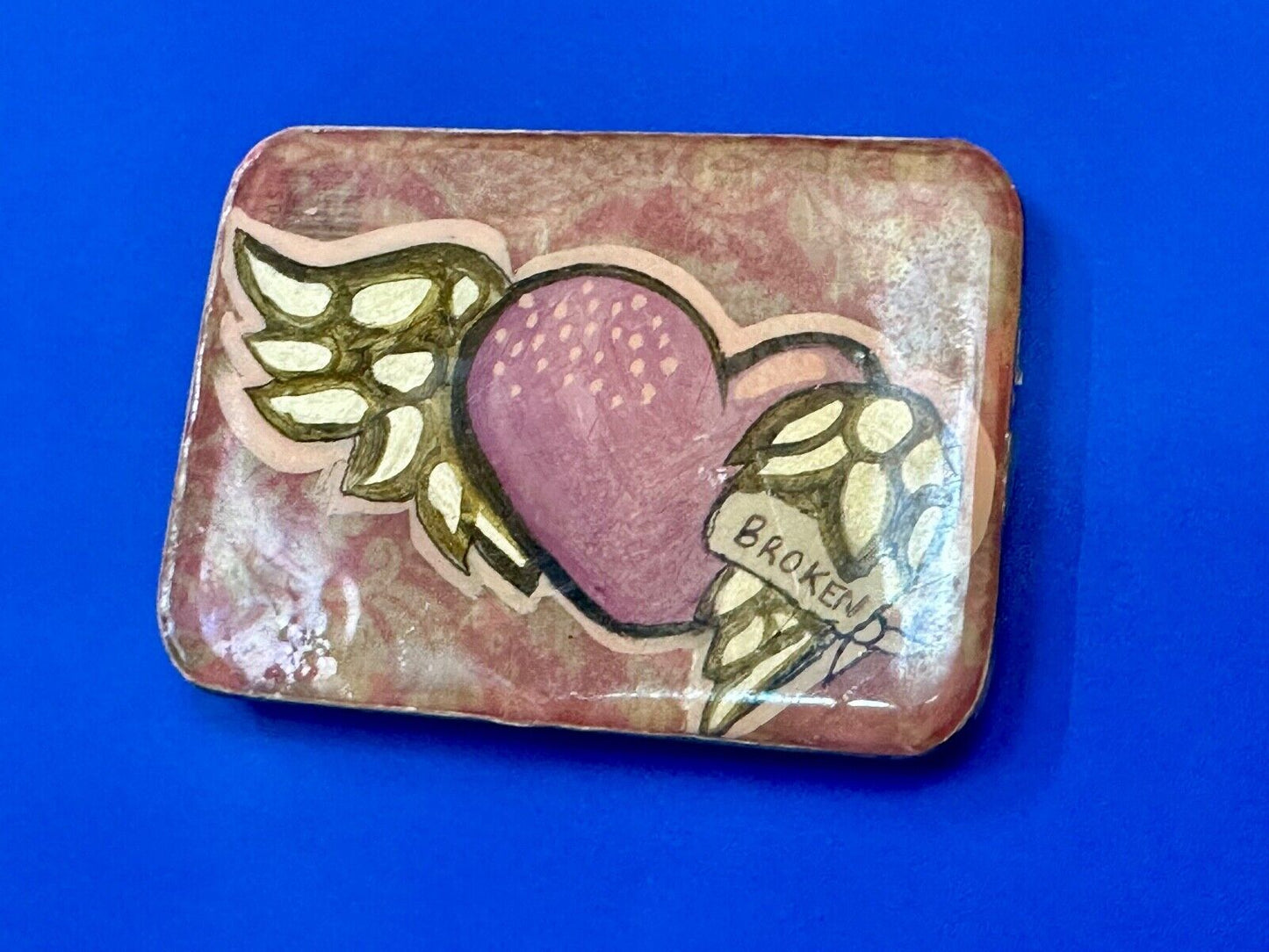 Vintage HEART with wings Mexican Collage belt buckle by artisan Nikki Zabicki