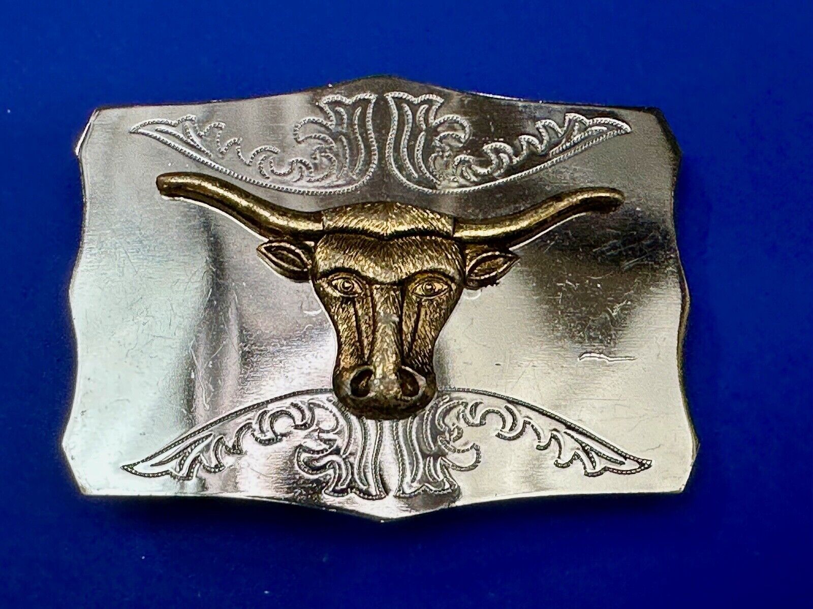 Two tone Raised Longhorn Cow Steer on Vintage Belt Buckle made in Japan