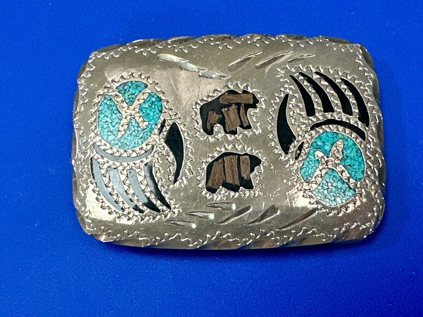 Bear - Paw Figure vintage inlaid turquoise chip & black Enamel belt buckle