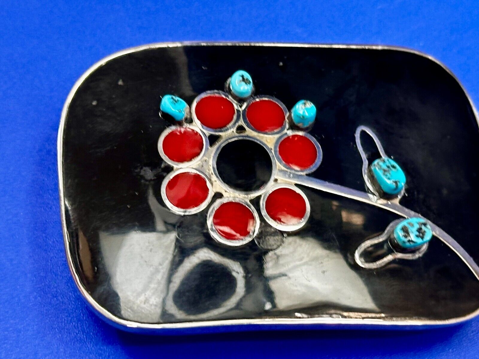 Turquoise Stone Floral Theme Native American Indian Artisan Silver Belt Buckle