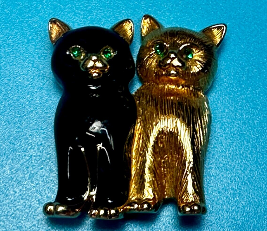 Two Sitting Cats Green Eyes, Black & Gold Kittens Brooch Pin Signed Swarovski