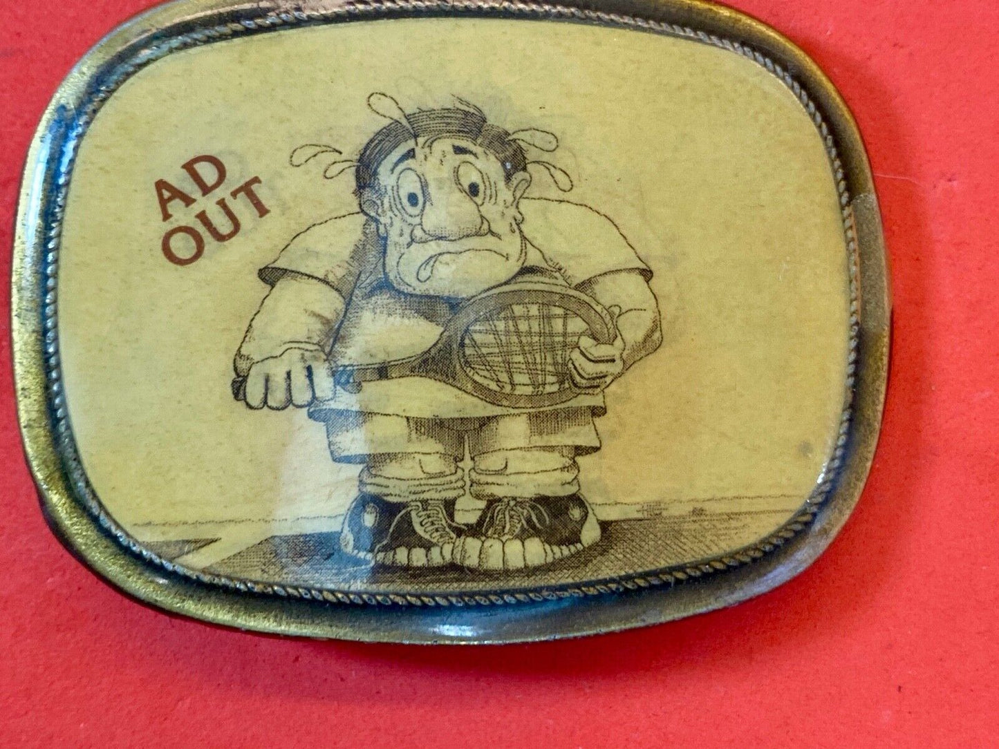 Vintage 1980'S "Ad Out ' Tennis  Humor Belt Buckle Brass Enamel Squirrel Club