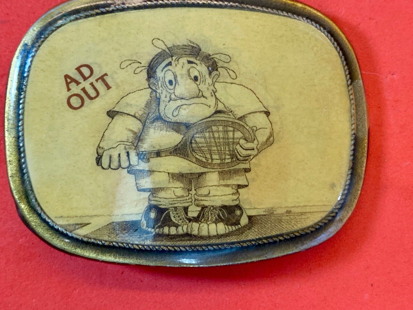 Vintage 1980'S "Ad Out ' Tennis  Humor Belt Buckle Brass Enamel Squirrel Club