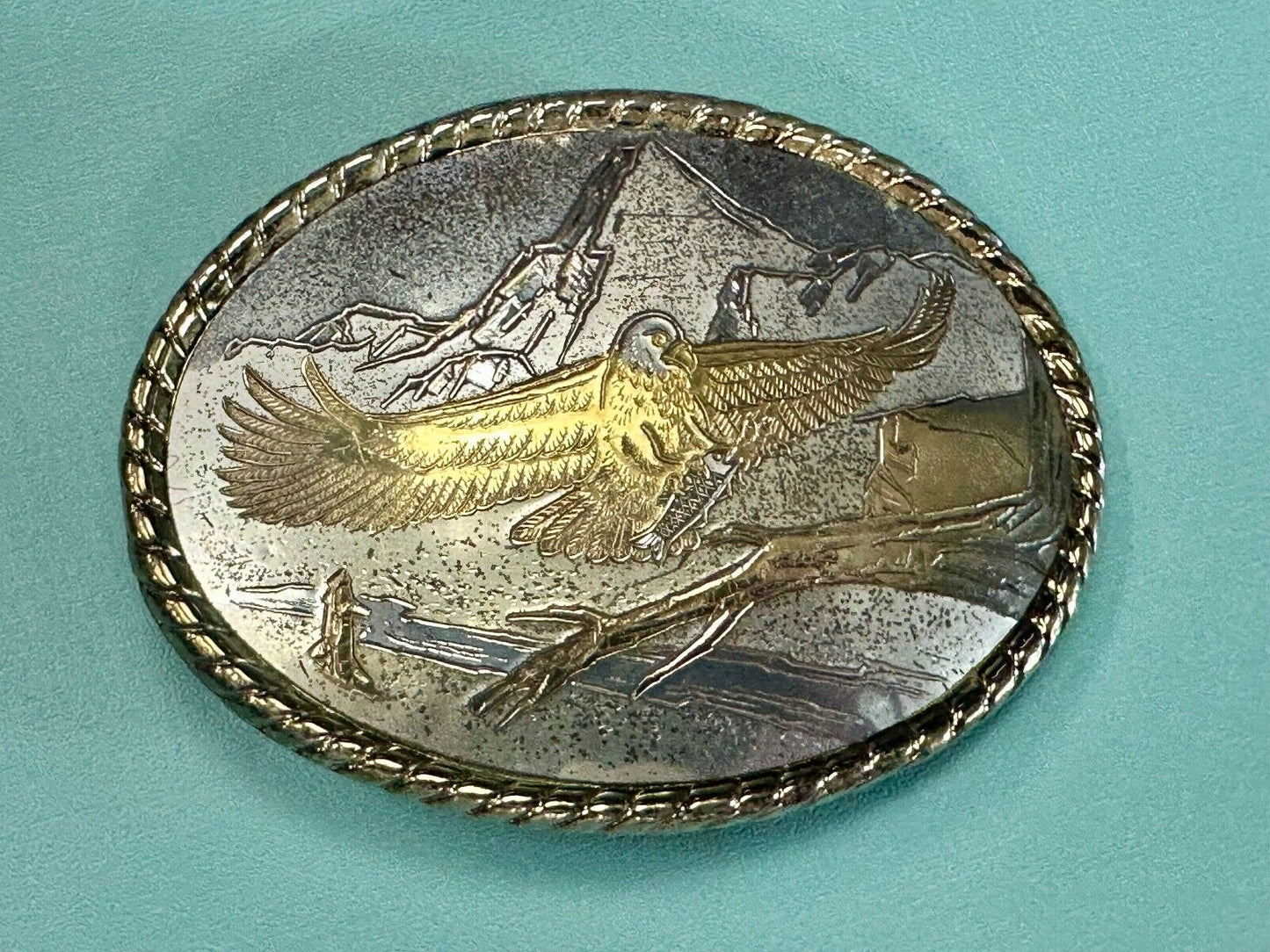 American Eagle Landing on limb perch - Vintage western oval belt buckle marked W