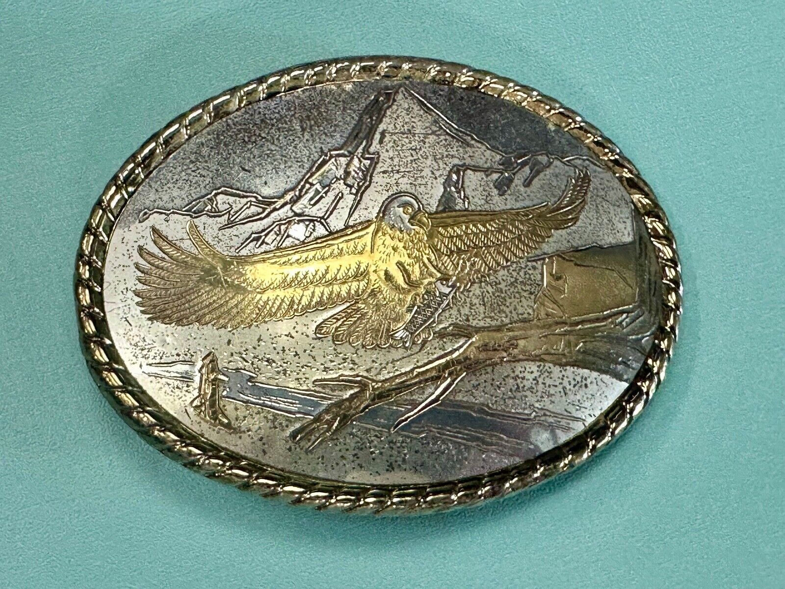 American Eagle Landing on limb perch - Vintage western oval belt buckle marked W