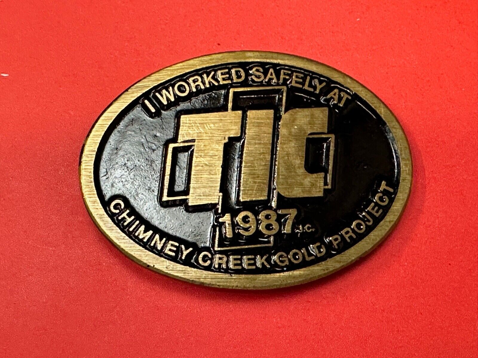 Vintage 1987 TIC Chimney Creek Gold Project Safety award brass belt buckle