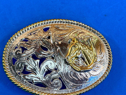 B22 See Through Two Tone Belt Buckle Featuring Horse Bust Head Flower Swirl 