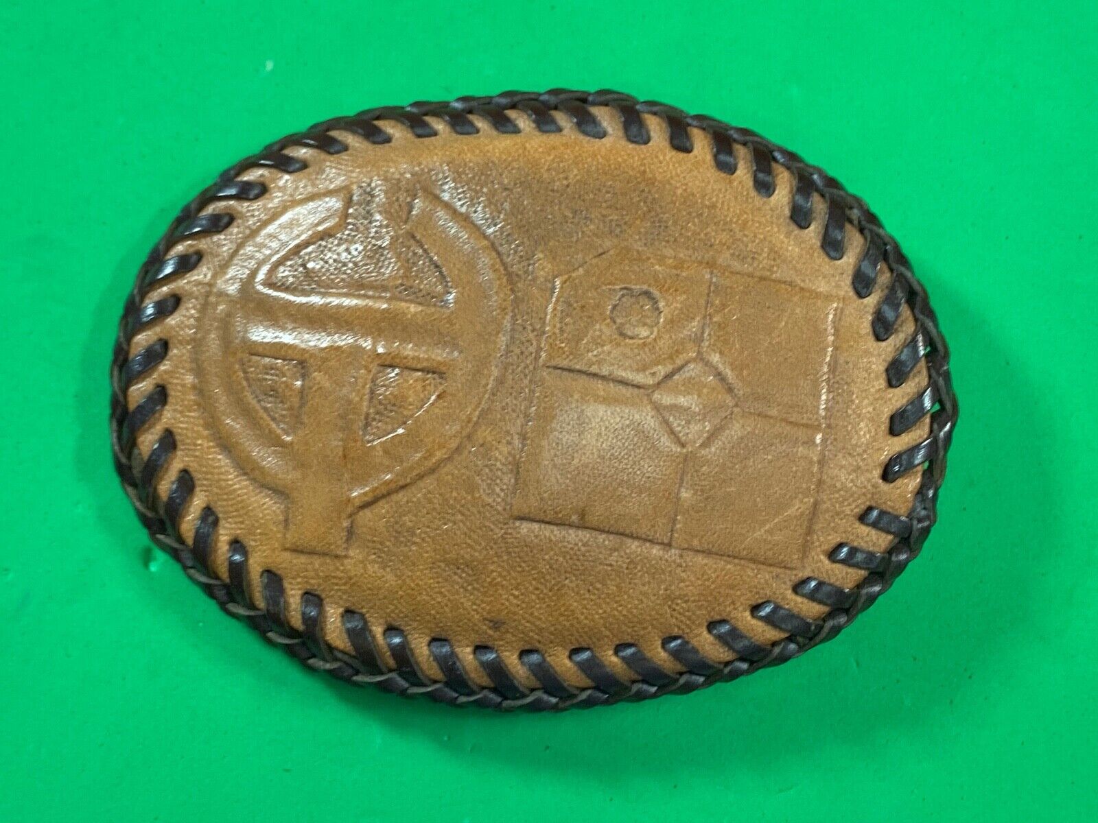 Vintage - Leather stitched belt buckle with Oil? company logo 
