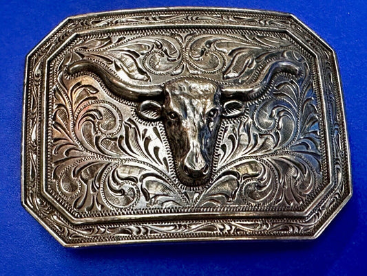 Texas Longhorn Cow Head Steer Ornate Silver Color Western Cowboy Belt Buckle