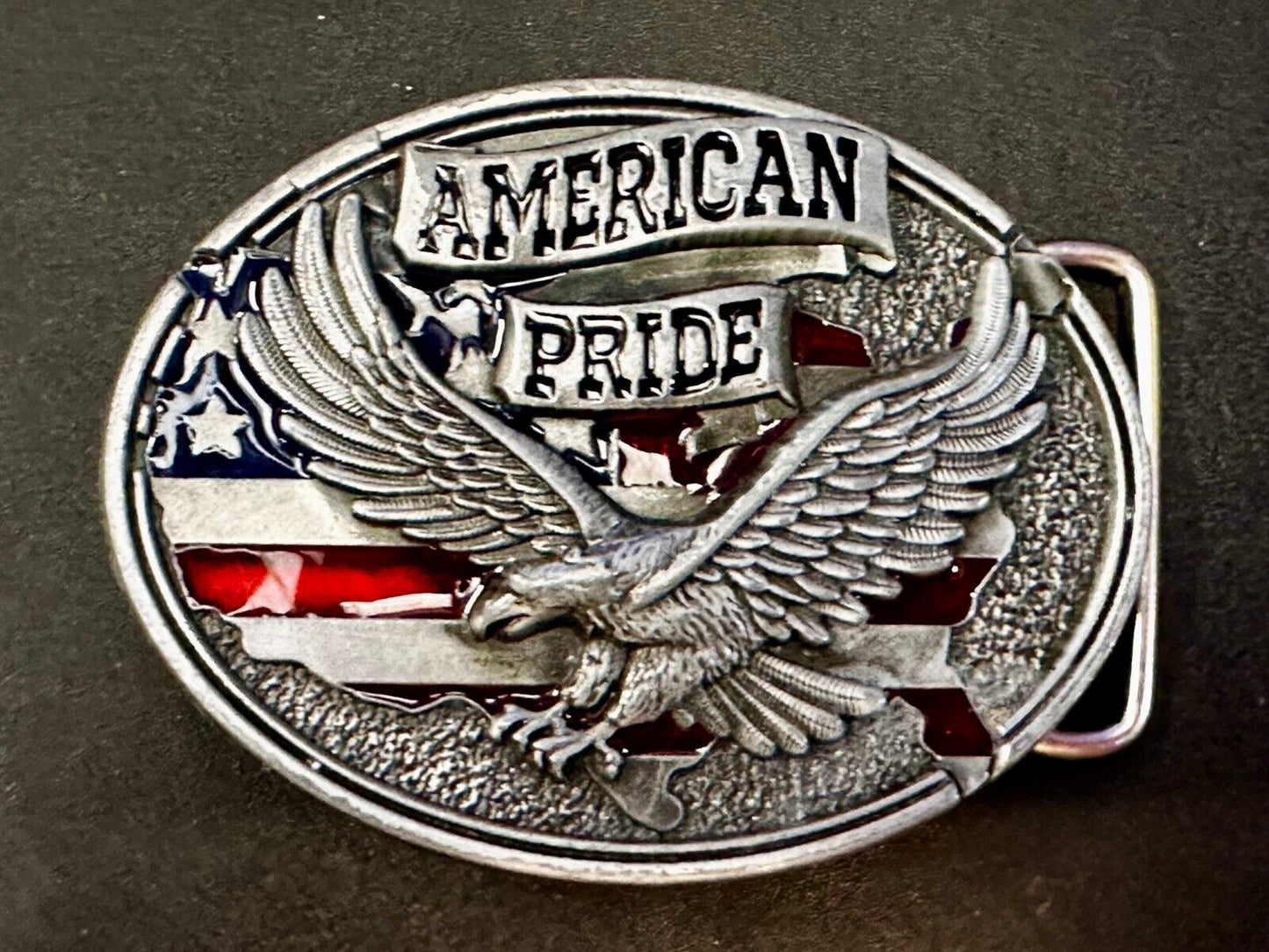 American Pride -Soaring Flying Eagle USA Flag Silver Color Patriotic Belt Buckle