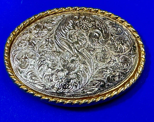 vintage Ivan Brand western flower swirl design two tone oval belt buckle