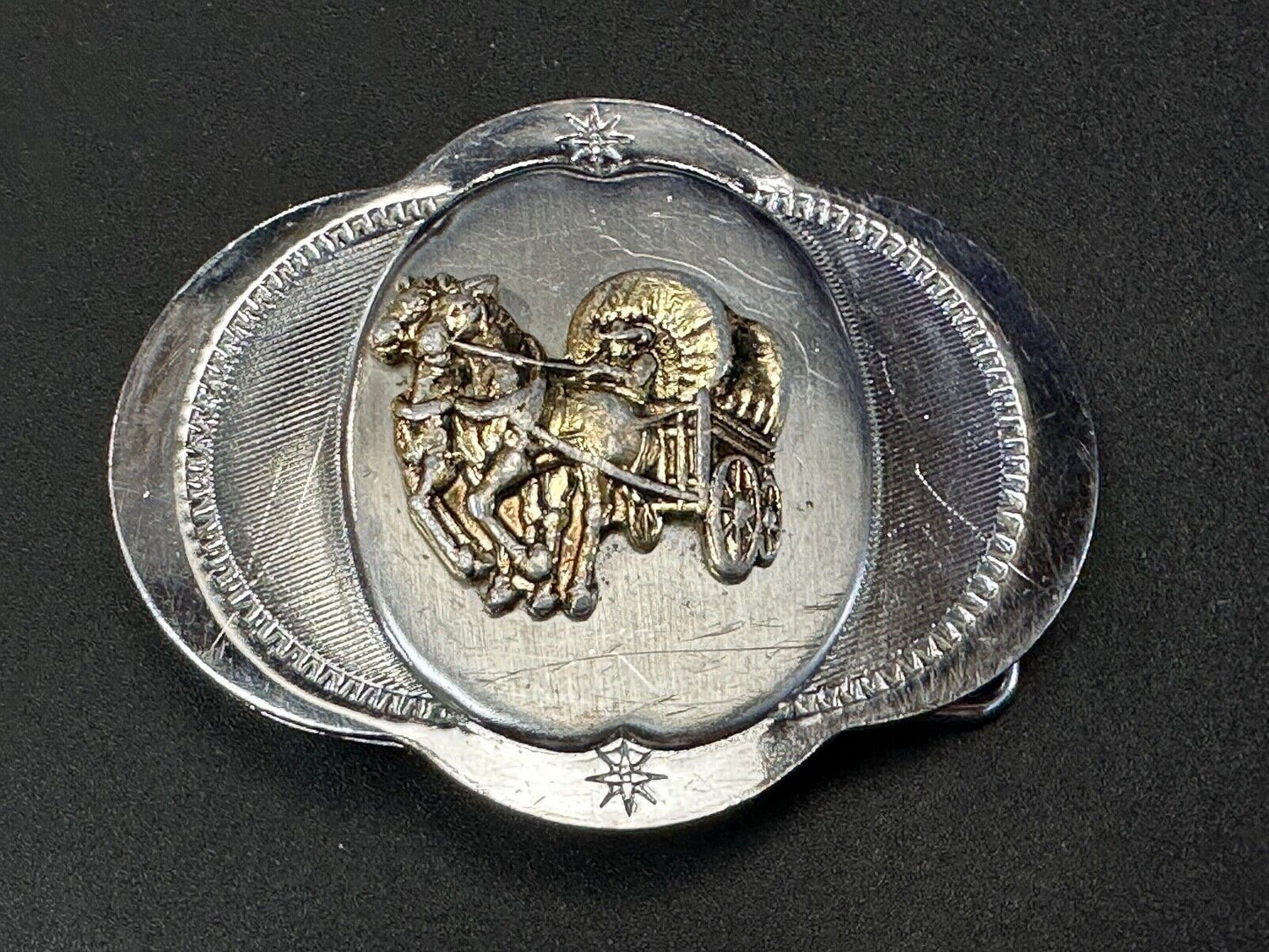 Vintage Horse Drawn Covered wagon on ornate western two tone belt buckle