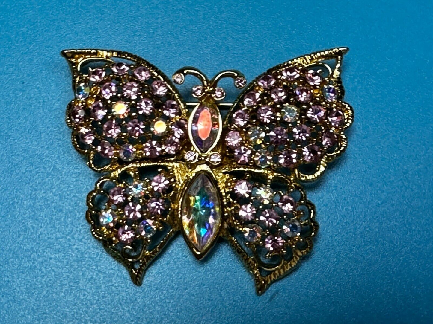 Aurora Borealis Butterfly Jeweled Insect Figural Brooch Pin Signed By Graziano