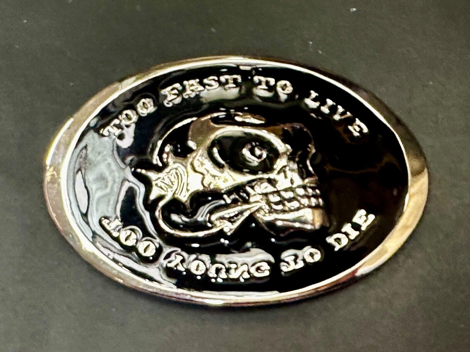 Too Fast to Live, Too Young to Die Skull black and silver tone Belt Buckle