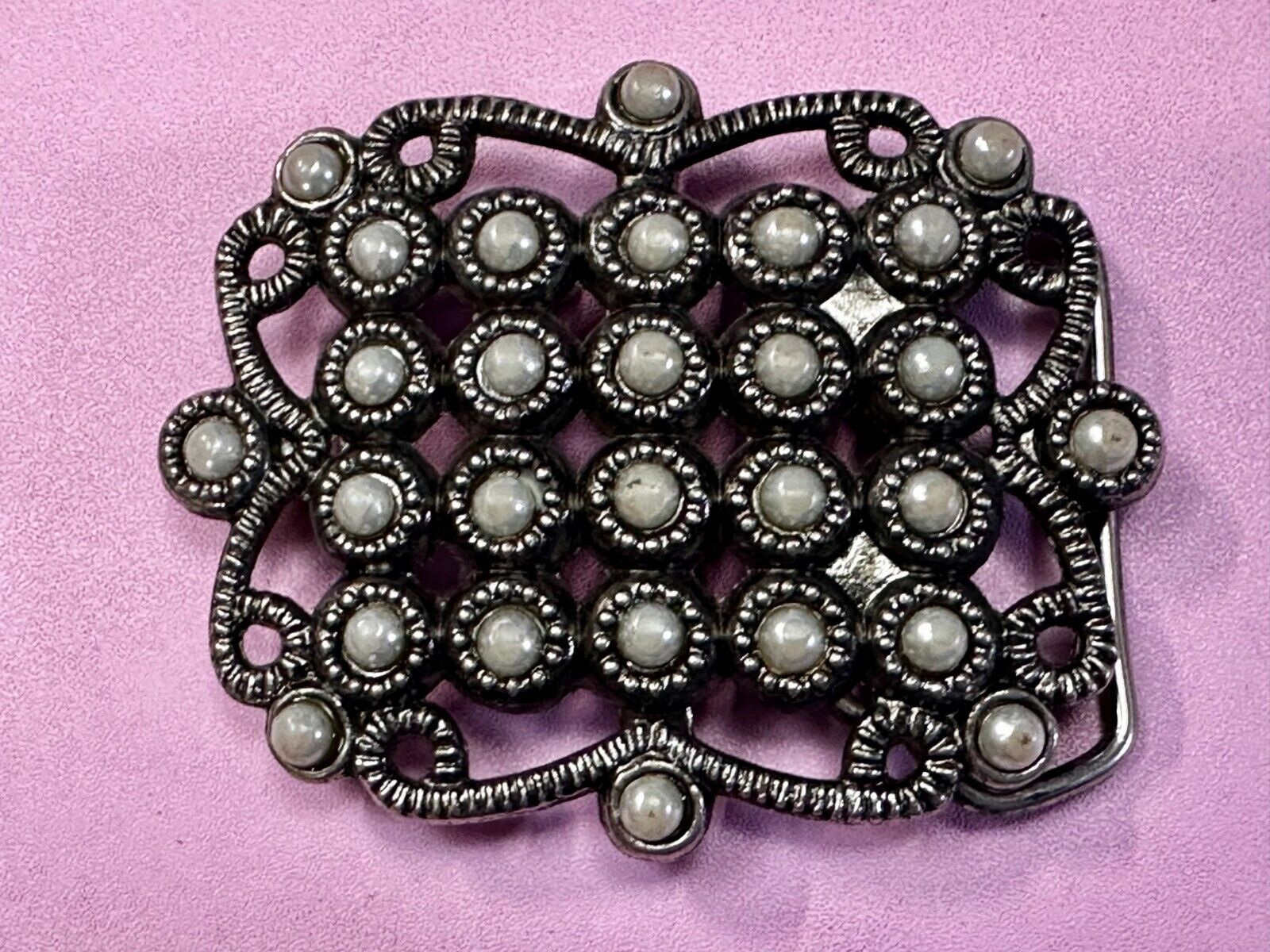 Victorian Style Faux Pearl Accented See-Trough Gray Metal Belt Buckle