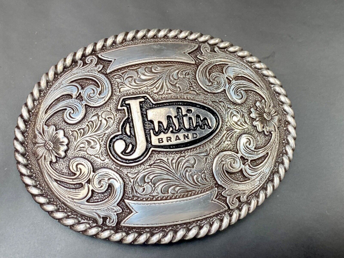 Vintage Justin Cowboys ornate flower swirl Belt Buckle with blank trophy scroll