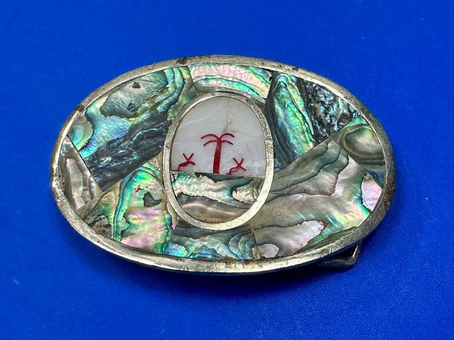 Abalone Shell Ocean Theme Palm Trees  3.5" wide Oval belt buckle from Mexico