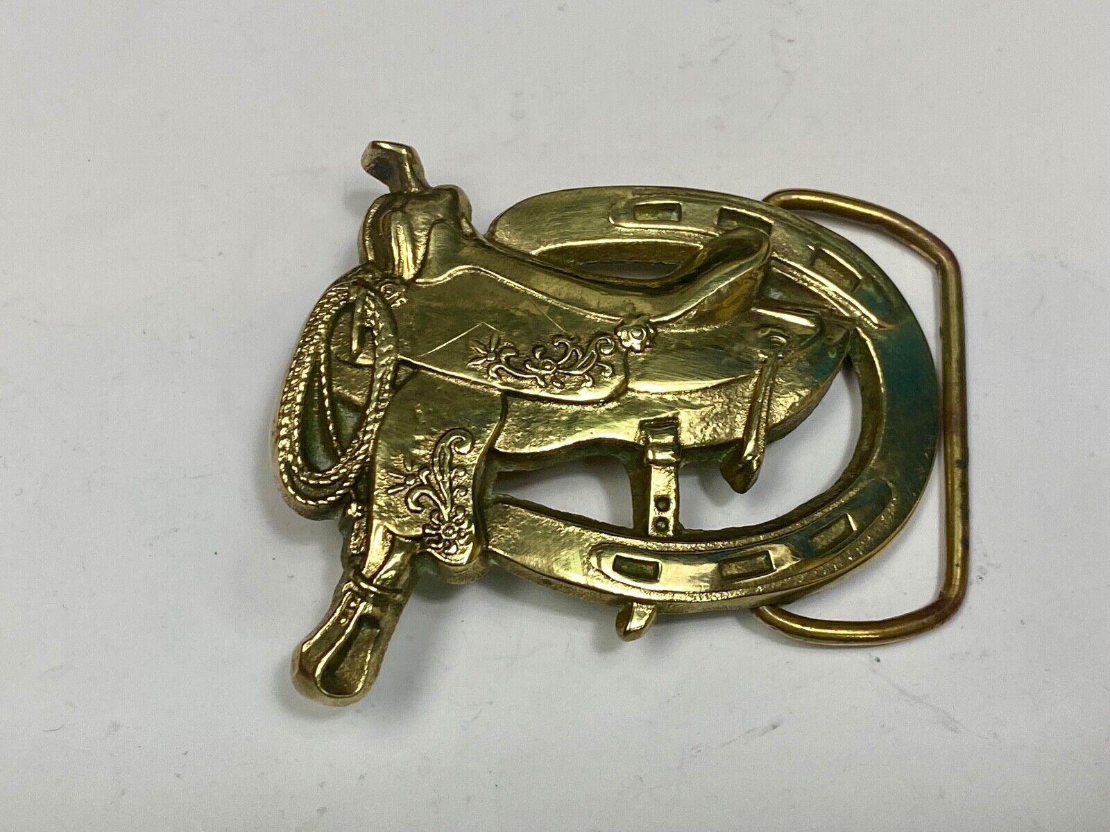 Vintage 1980 Horse Saddle Solid Brass Belt Buckle By Baron Brass Works
