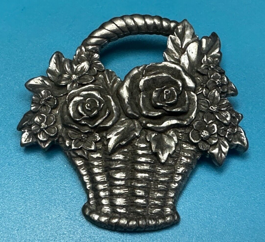 Vintage 1980's Flower Basket Floral Pewter Brooch Pin Signed Seagull Canada