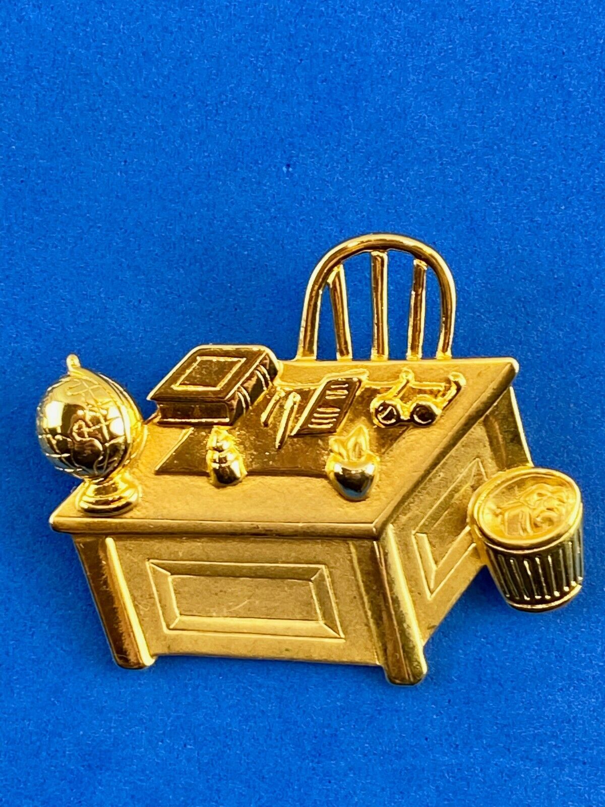 Teacher's Desk Chair Book Apple Globe Gold-Tone Metal Brooch  by JJ 