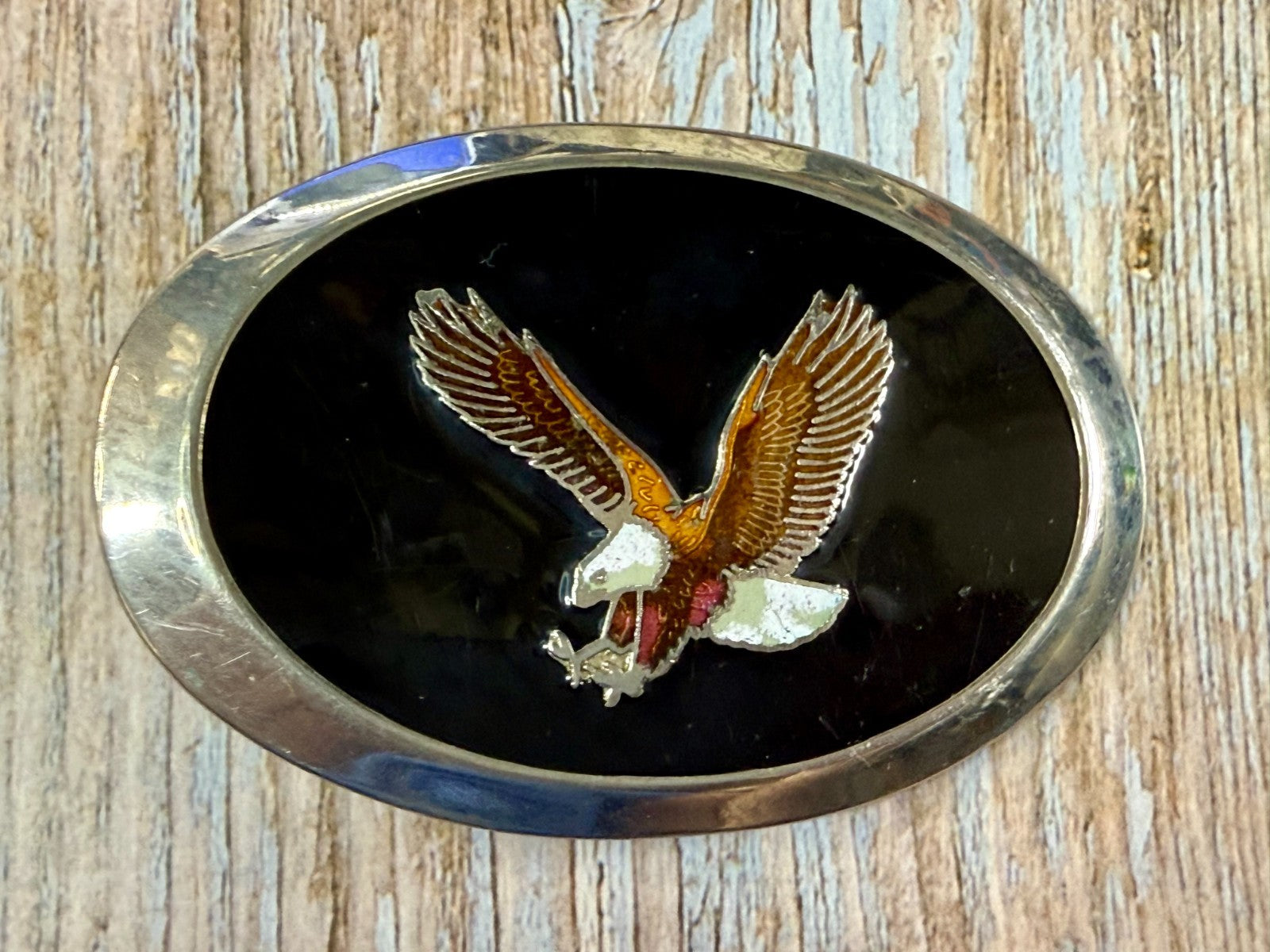 American Bald Eagle Flying Hunting Claws Black Enameled Western Oval Belt Buckle