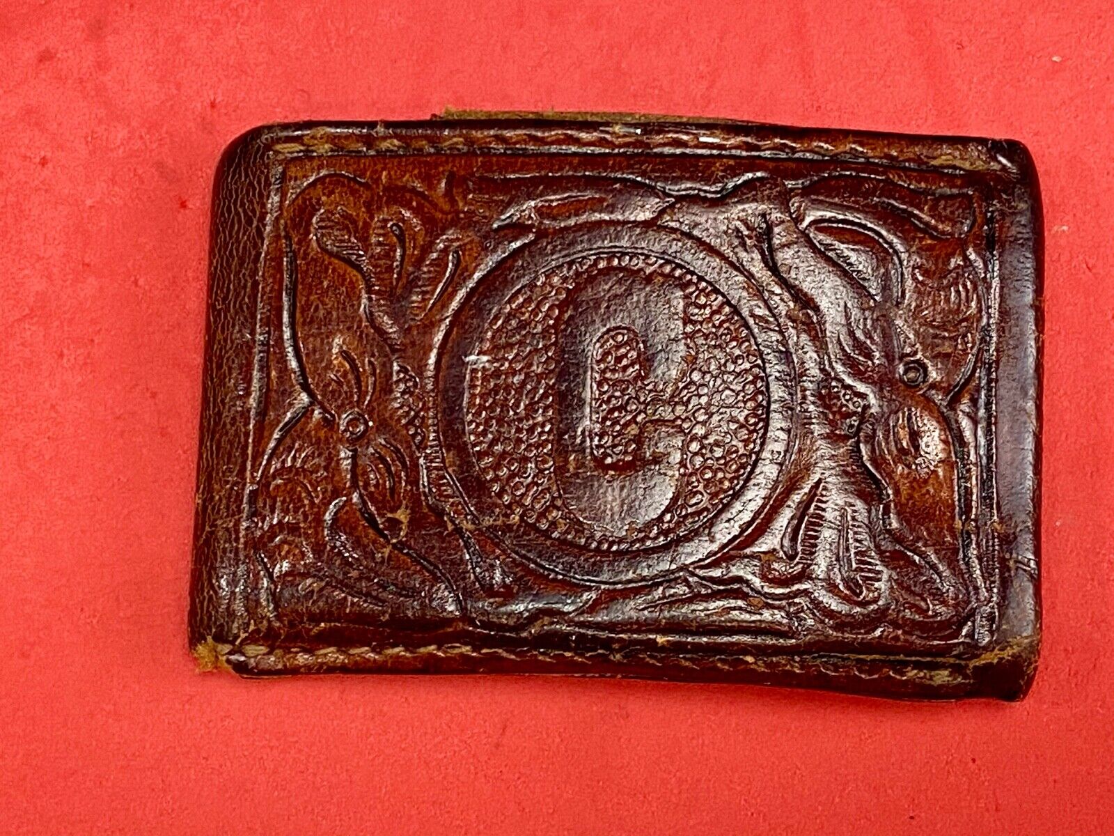 Vintage Leather stitched initial letter monogram C belt buckle 