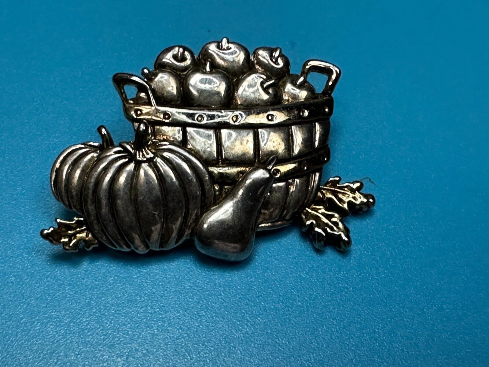 Apple Basket Pumpkin Fall Harvest Autumn Vintage Brooch Pin Signed by MJ
