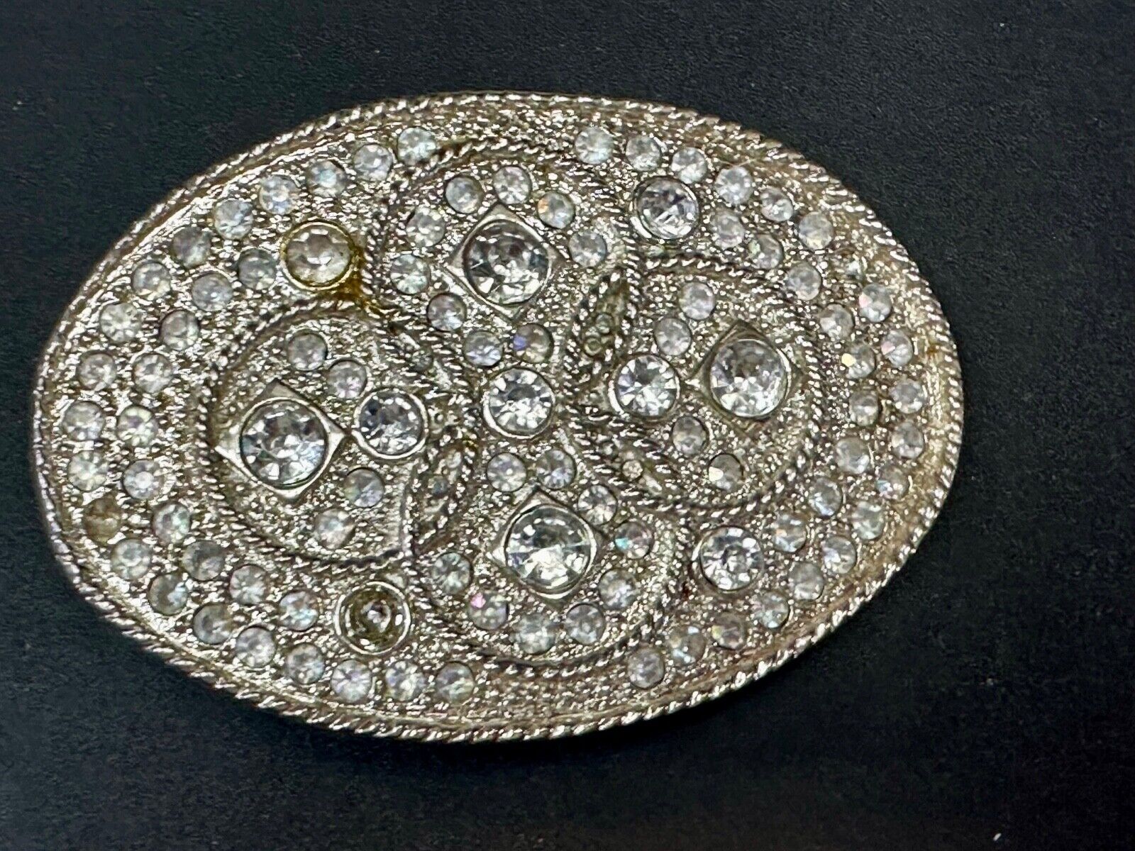 Vintage Appearance silver tone oval Belt Buckle - missing a few Rhinestone's