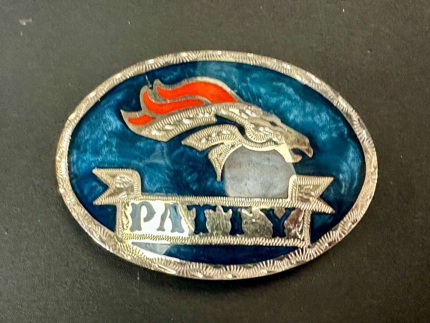 Artisan Custom Name PATTY ribbon - enamel inlaid Mustang race horse belt buckle