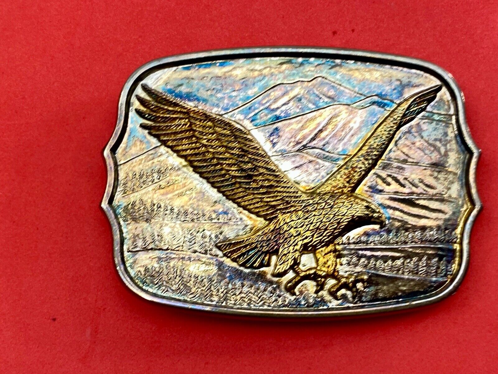 Vintage Gold & Silver Tone Flying American Eagle Mountains numbered Belt Buckle