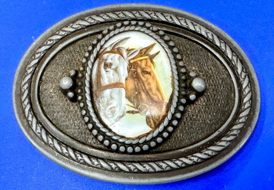 2 horses picture as centerpiece in western oval belt buckle with rope border