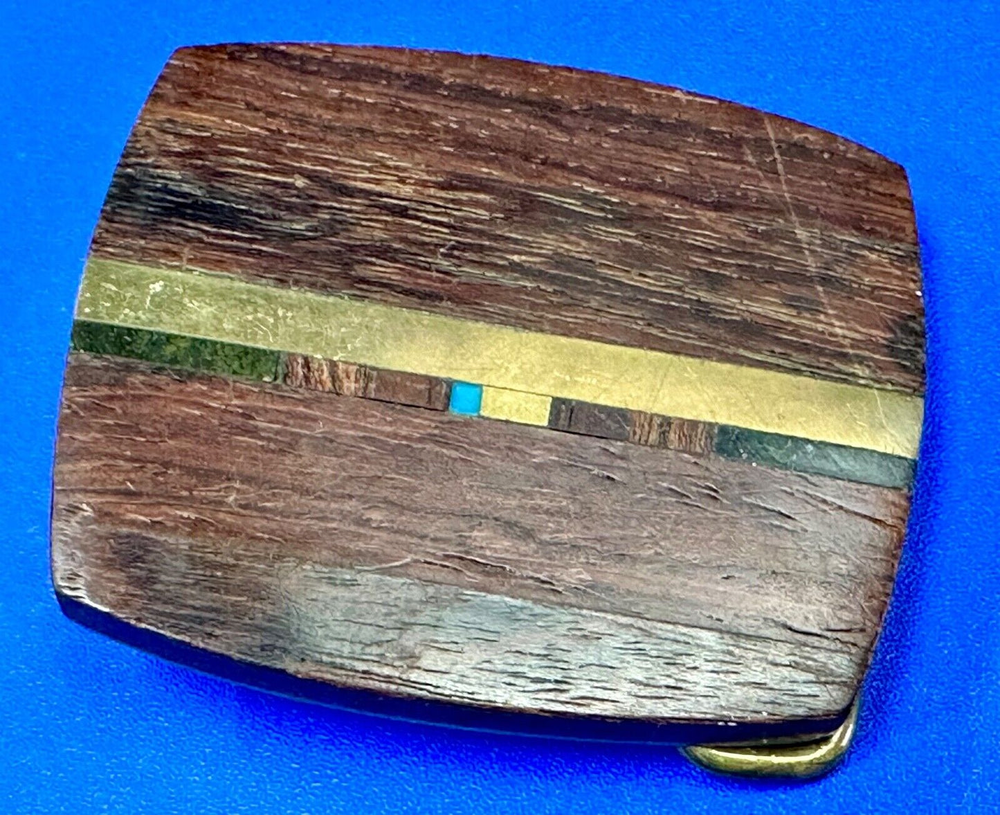 turquoise and solid brass inlay to exotic wood Scorpion Products Div belt buckle