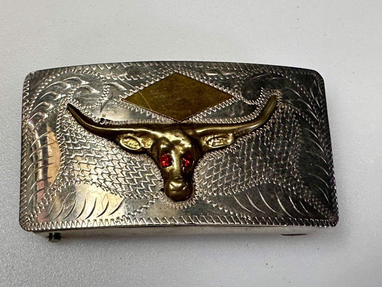 Antique Longhorn Vintage Silver & Gold Tone? Engraved Belt Buckle  Red Ruby Eyes
