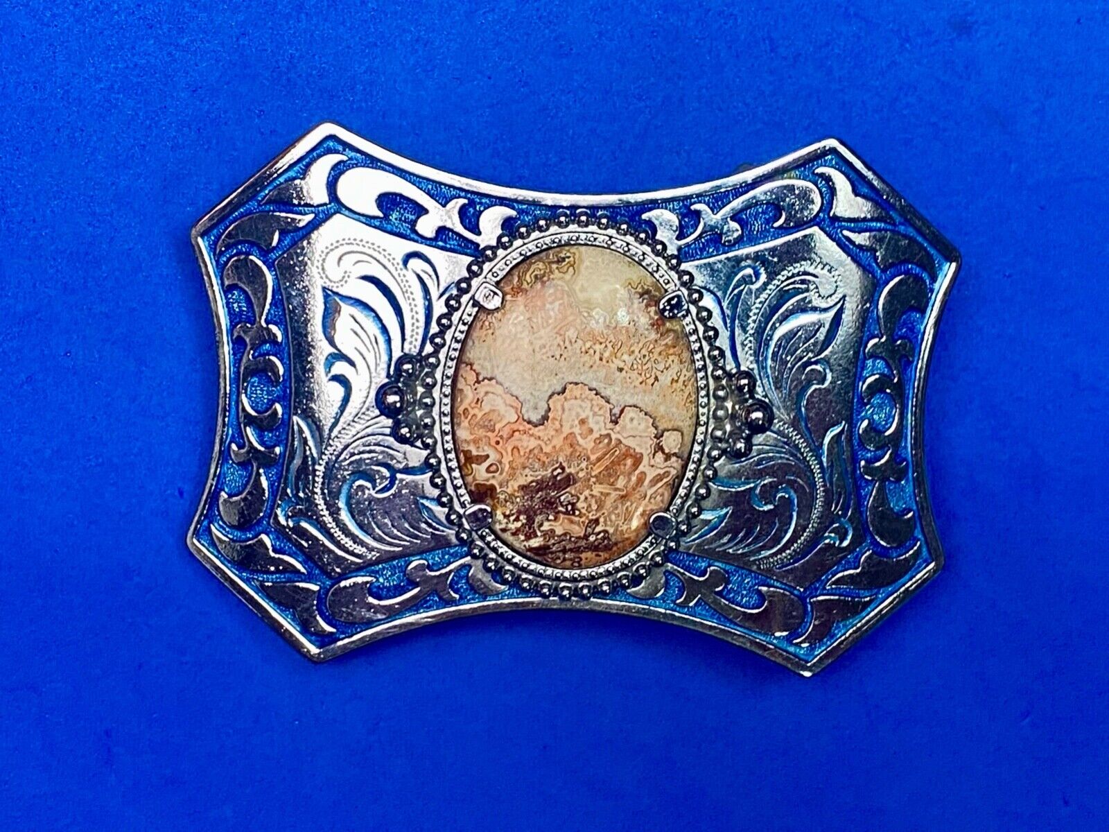 Unique Oval Cabochon Stone Centerpiece On Silver & Blue Color Belt Buckle