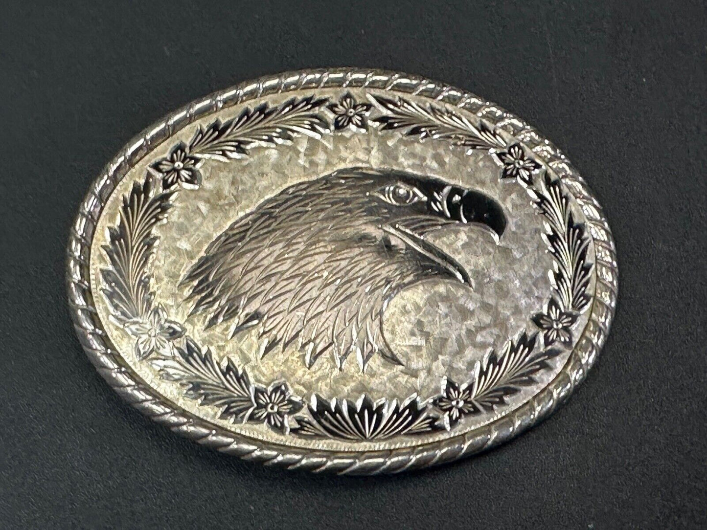 American Bald Eagle Bust profile, silver tone Etched belt buckle W Makers Mark