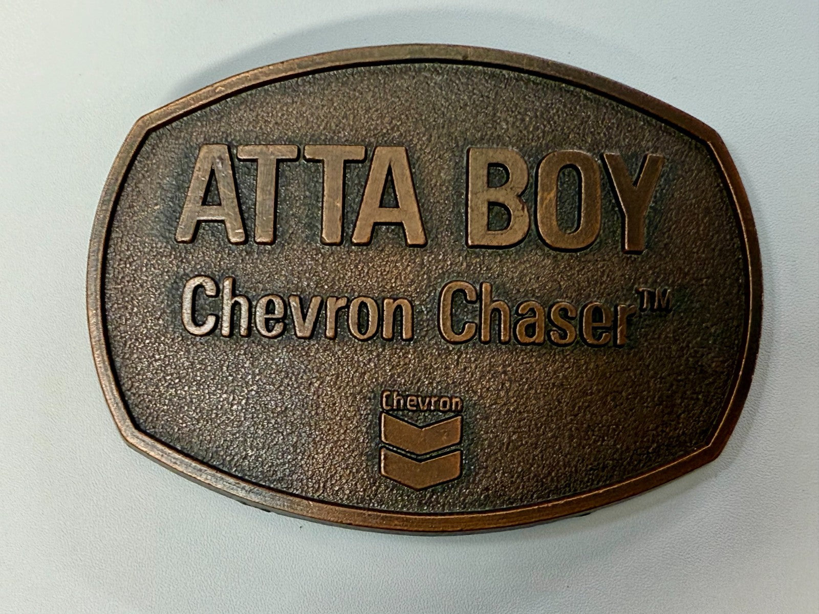 ATTA BOY Chevron Chaser Fuel Oil Mine Industry Rough Neck NOS Vtg. Belt Buckle