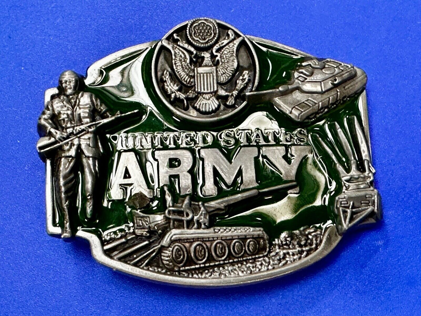 United States Army - Dimensional Patriotic Soldier Tank Cameo Green Belt Buckle
