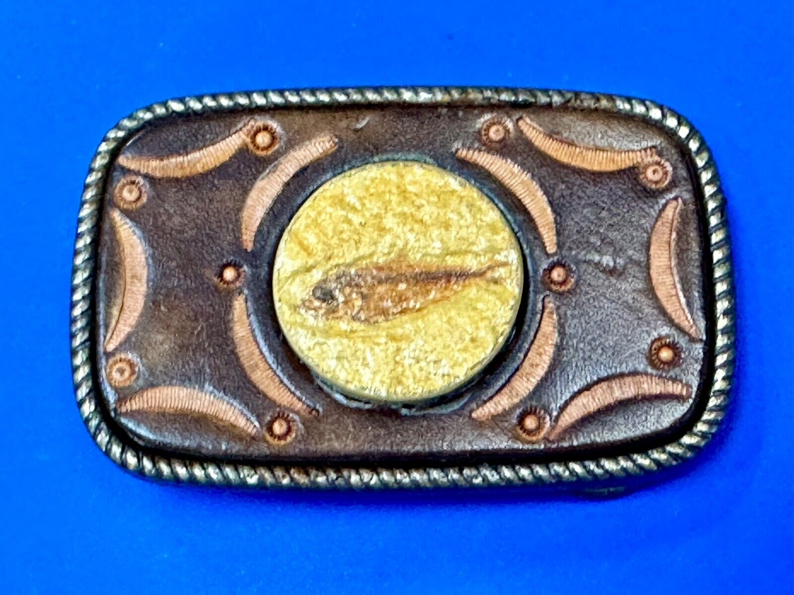 Unique artisan FISH drawing as centerpiece belt buckle - faux? leather backing