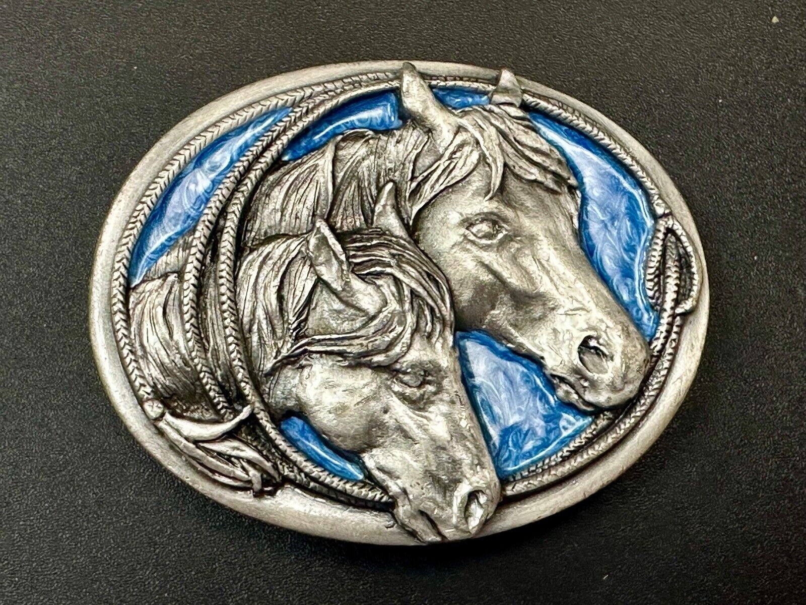 Two Horses - Vintage U-10 Siskiyou Blue Enamel Belt Buckle